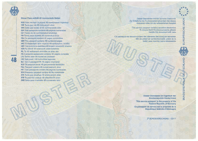 Passmuster Dienstpass, Passbuchinnenseite 48 und Vorsatz des hinteren Einbandes (BGBl. 2017 I S. 206)