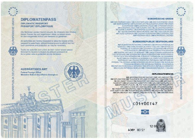 Passmuster Diplomatenpass, Vorsatz und Passkartentitelseite (BGBl. 2017 I S. 207)