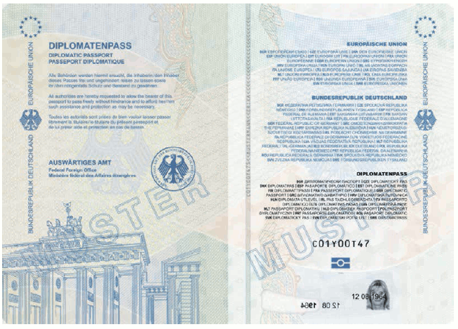 Passmuster Diplomatenpass, Vorsatz und Passkartentitelseite (BGBl. 2017 I S. 207)