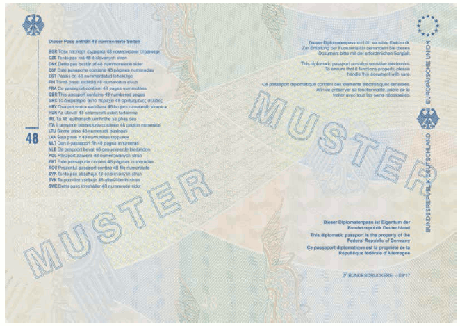 Passmuster Diplomatenpass, Passbuchinnenseite 48 und Vorsatz des hinteren Einbandes (BGBl. 2017 I S. 220)