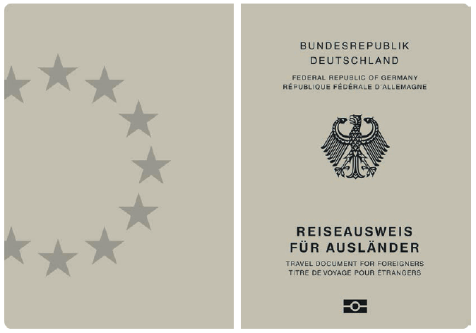 Ausweismuster Reiseausweis für Ausländer, Einband (BGBl. 2017 I S. 226)