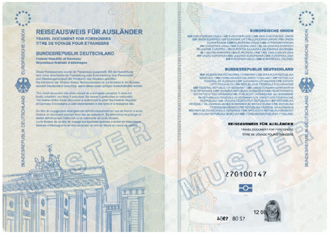 Ausweismuster Reiseausweis für Ausländer, Vorsatz und Passkartentitelseite (BGBl. 2017 I S. 227)