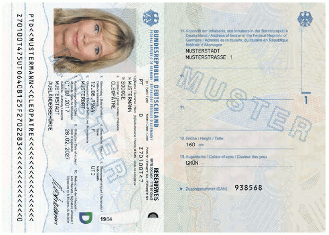 Ausweismuster Reiseausweis für Ausländer, Passkartendatenseite und Passbuchinnenseite 1 (BGBl. 2017 I S. 227)