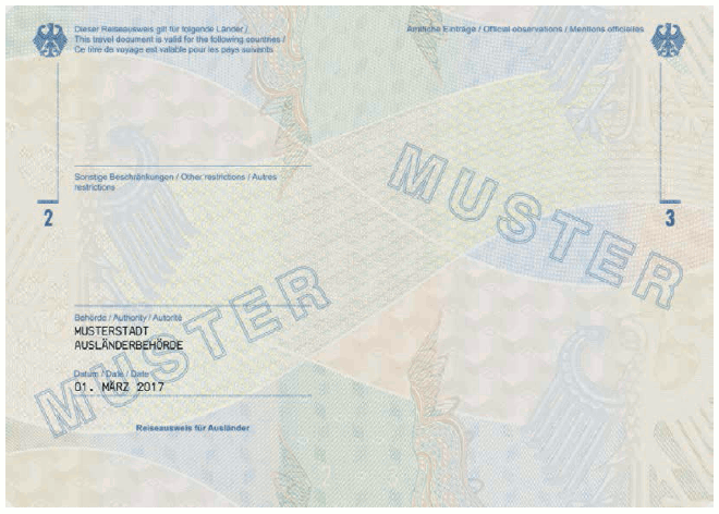 Ausweismuster Reiseausweis für Ausländer, Passbuchinnenseite (BGBl. 2017 I S. 228)