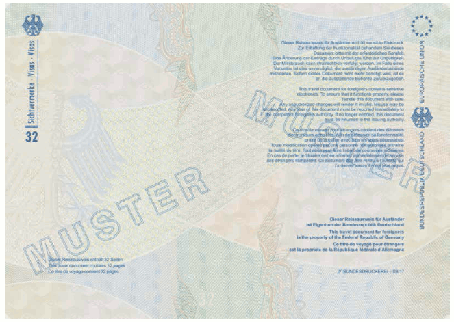 Ausweismuster Reiseausweis für Ausländer, Passbuchinnenseite 32 und Vorsatz des hinteren Einbandes (BGBl. 2017 I S. 235)