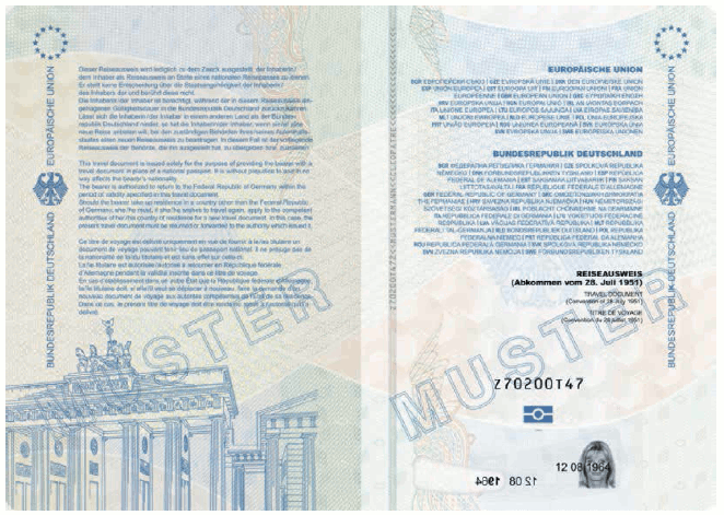 Ausweismuster Reiseausweis für Flüchtlinge, Vorsatz und Passkartentitelseite (BGBl. 2017 I S. 236)