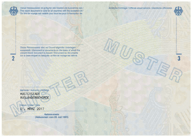 Ausweismuster Reiseausweis für Flüchtlinge, Passbuchinnenseite (BGBl. 2017 I S. 237)