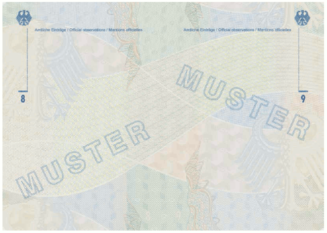 Ausweismuster Reiseausweis für Flüchtlinge, Passbuchinnenseite (BGBl. 2017 I S. 239)