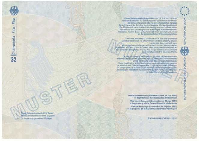 Ausweismuster Reiseausweis für Flüchtlinge, Passbuchinnenseite 32 und Vorsatz des hinteren Einbandes (BGBl. 2017 I S. 245)