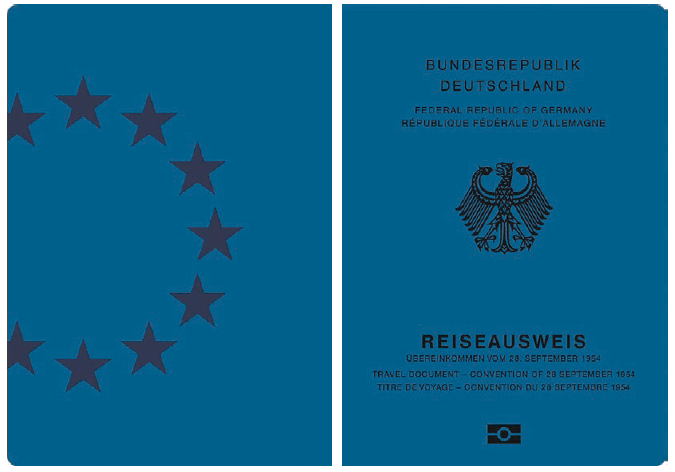 Ausweismuster Reiseausweis für Staatenlose, Einband (BGBl. 2017 I S. 246)