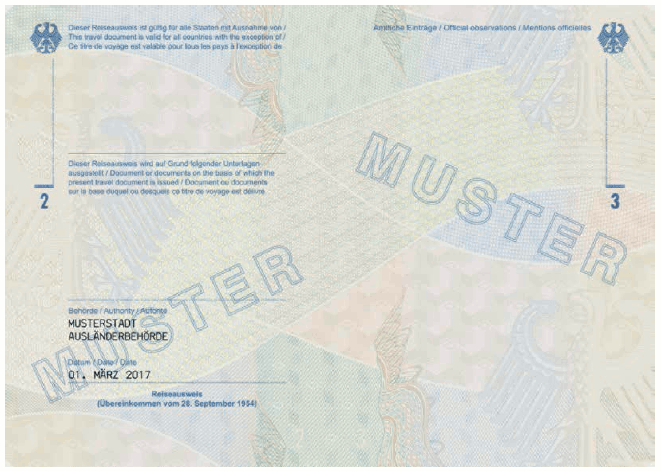 Ausweismuster Reiseausweis für Staatenlose, Passbuchinnenseite (BGBl. 2017 I S. 247)