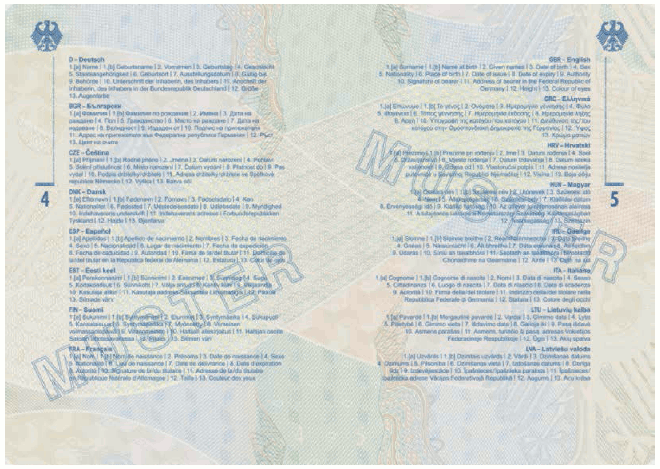 Ausweismuster Reiseausweis für Staatenlose, Passbuchinnenseite (BGBl. 2017 I S. 248)