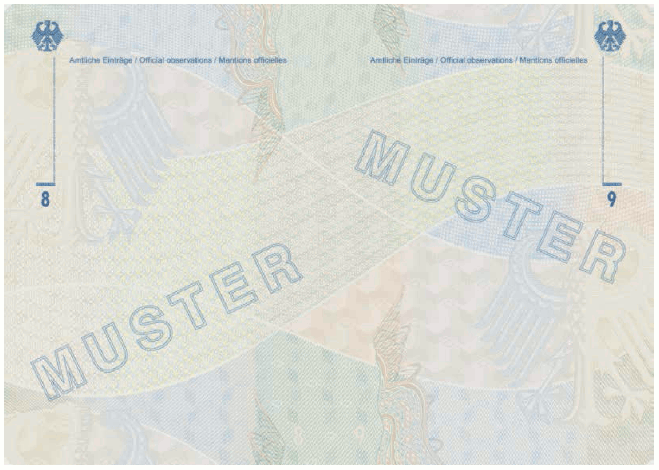 Ausweismuster Reiseausweis für Staatenlose, Passbuchinnenseite (BGBl. 2017 I S. 249)