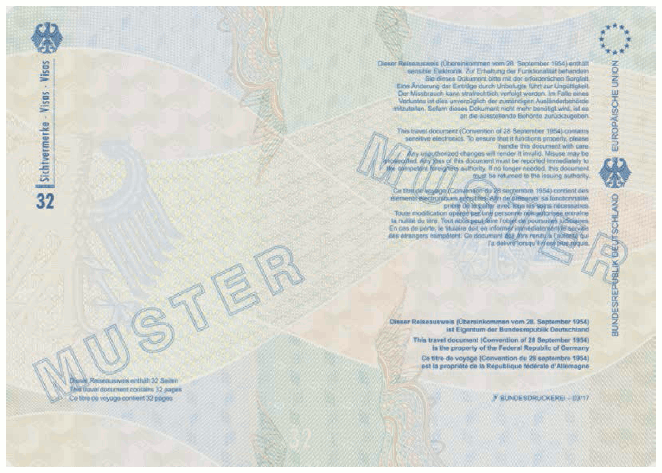 Ausweismuster Reiseausweis für Staatenlose, Passbuchinnenseite 32 und Vorsatz des hinteren Einbandes (BGBl. 2017 I S. 255)