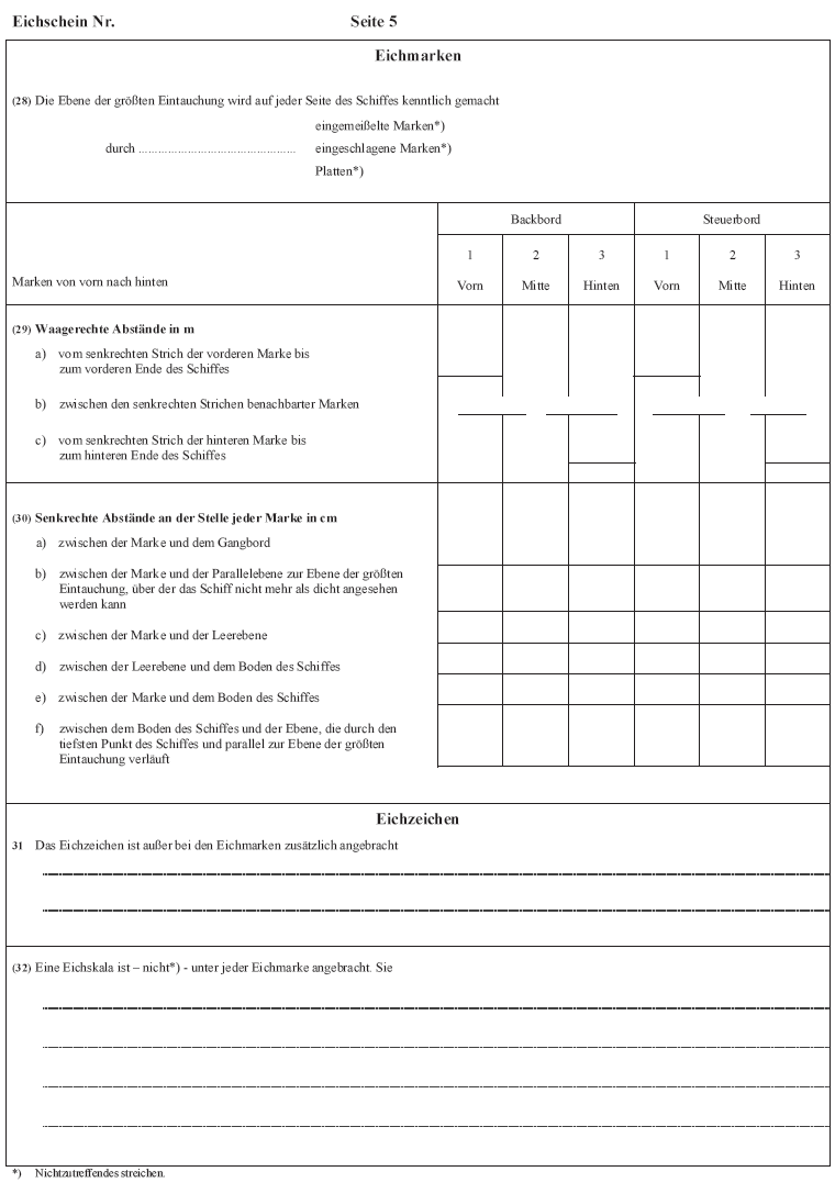 Abb. Muster des Eichscheins für Binnenschiffe (Güterbeförderer) Seite 5 (BGBl. 2017 I S. 358)