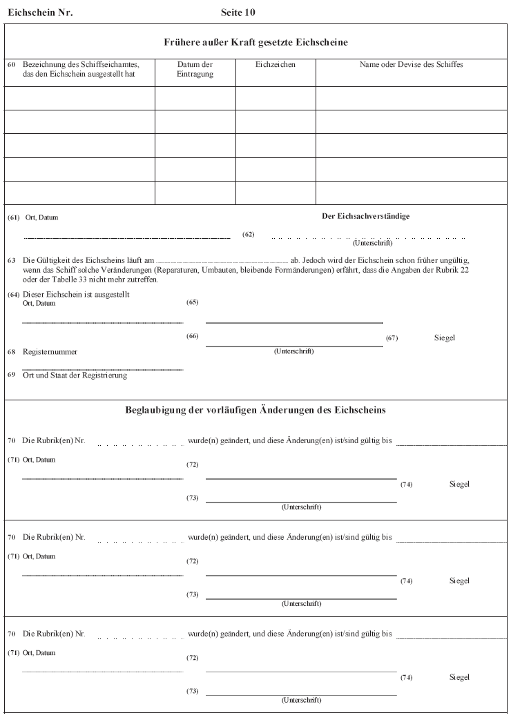 Abb. Muster des Eichscheins für Binnenschiffe (Güterbeförderer) Seite 10 (BGBl. 2017 I S. 363)