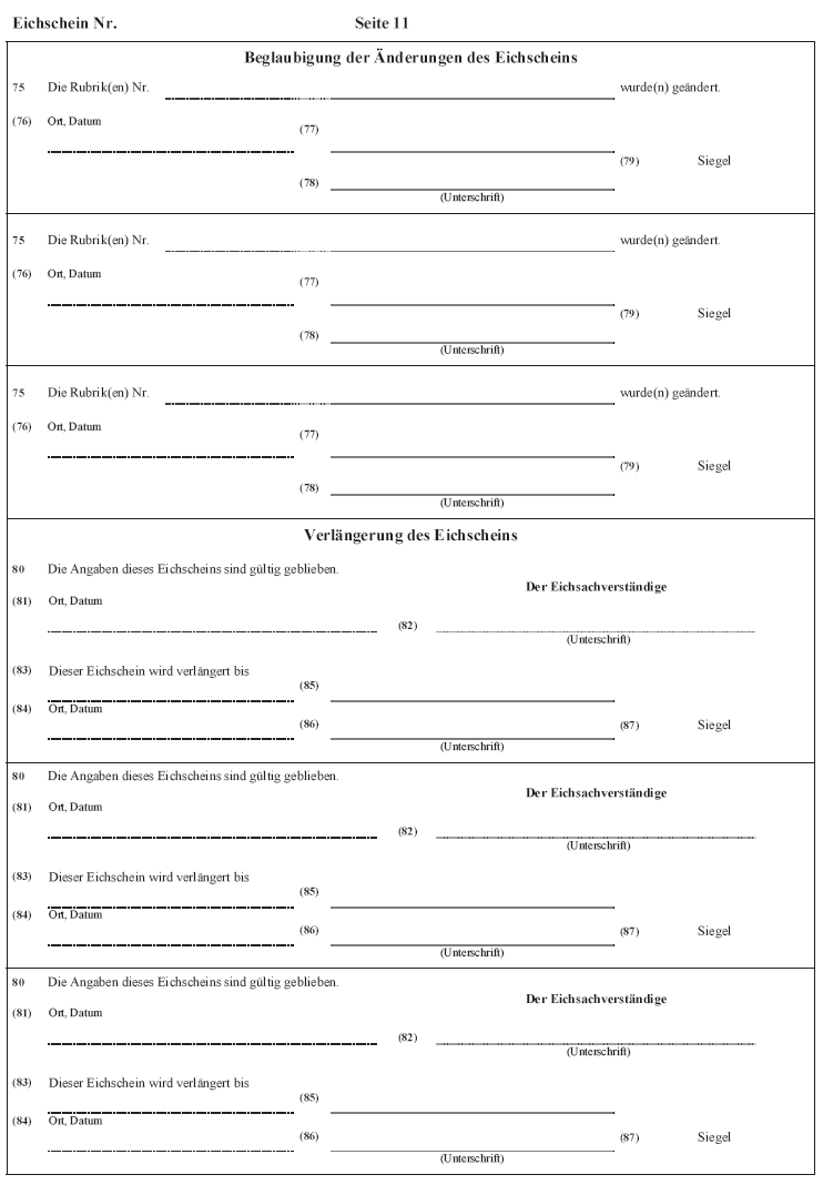 Abb. Muster des Eichscheins für Binnenschiffe (Güterbeförderer) Seite 11 (BGBl. 2017 I S. 364)