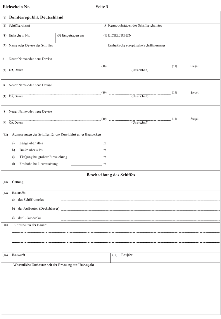 Abb. Muster des Eichscheins für Binnenschiffe (Nichtgüterbeförderer) Seite 3 (BGBl. 2017 I S. 367)