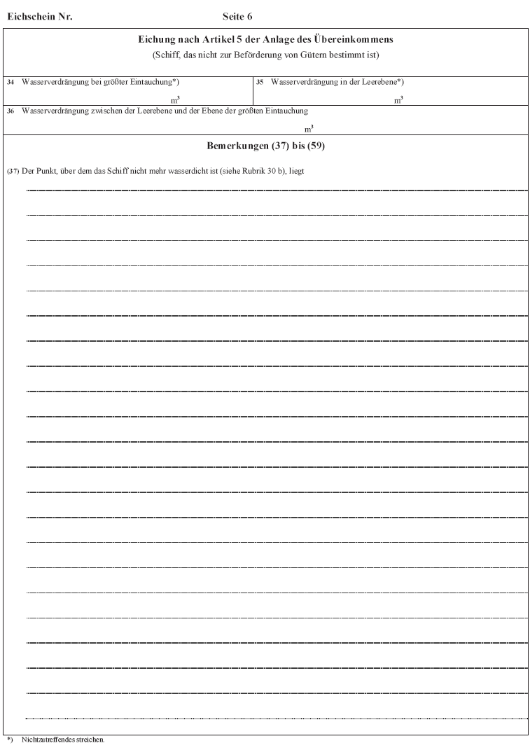 Abb. Muster des Eichscheins für Binnenschiffe (Nichtgüterbeförderer) Seite 6 (BGBl. 2017 I S. 370)