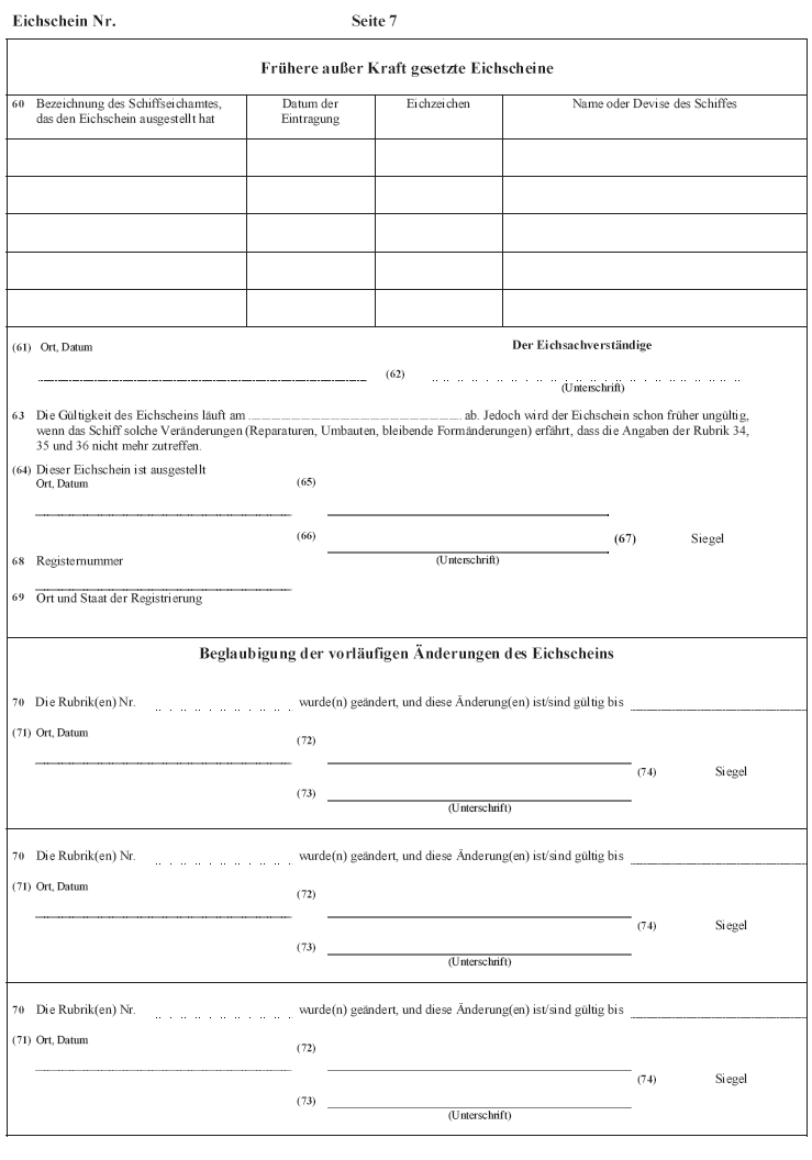 Abb. Muster des Eichscheins für Binnenschiffe (Nichtgüterbeförderer) Seite 7 (BGBl. 2017 I S. 371)