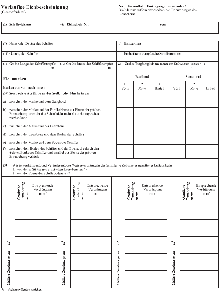 Abb. Muster der Vorläufigen Eichbescheinigung (Güterbeförderer) Seite 1 (BGBl. 2017 I S. 373)