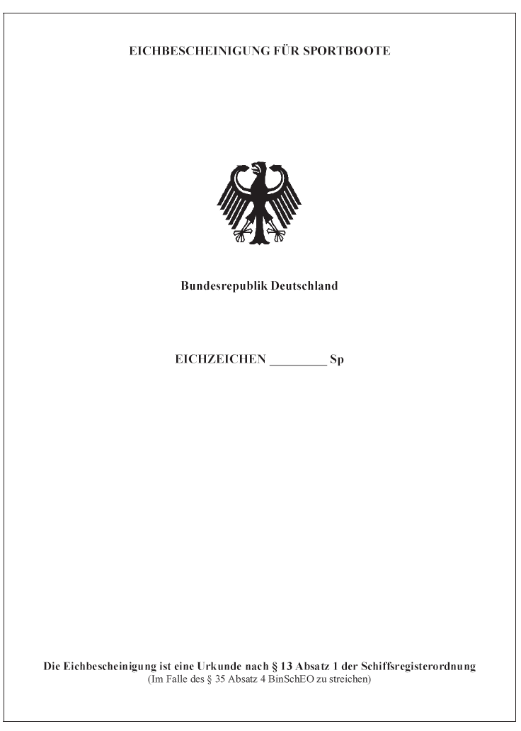 Abb. Muster der Eichbescheinigung für Sportboote Seite 1 (BGBl. 2017 I S. 378)