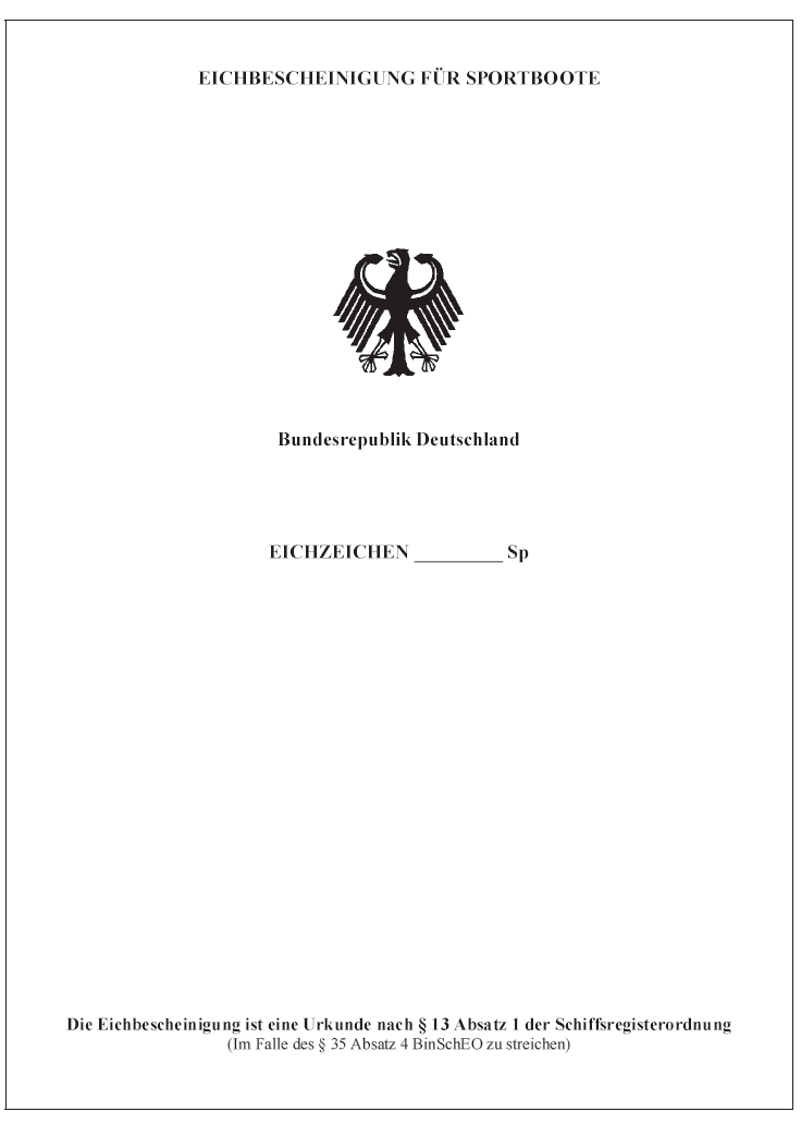 Abb. Muster der Eichbescheinigung für Sportboote Seite 1 (BGBl. 2017 I S. 378)