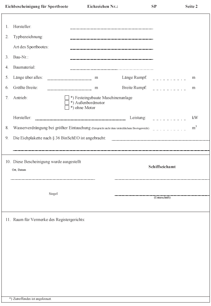 Abb. Muster der Eichbescheinigung für Sportboote Seite 2 (BGBl. 2017 I S. 379)