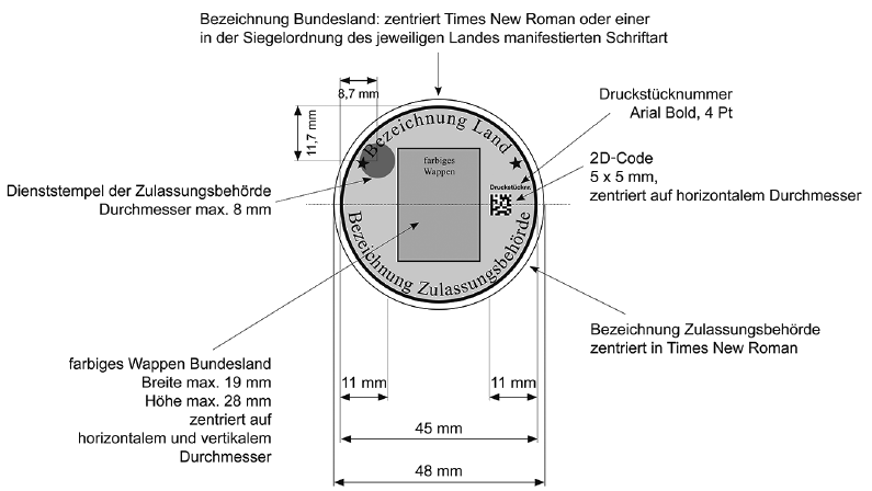Abbildung 1: Bemaßung der Stempelplakette (BGBl. 2017 I S. 539)