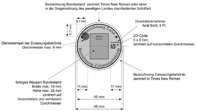 Abbildung 1: Bemaßung der Stempelplakette (BGBl. 2017 I S. 539)