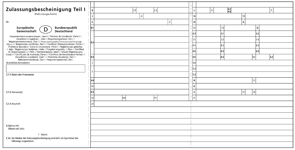 Abb. Vordrucke für die Zulassungsbescheinigung Teil I, Vorderseite (BGBl. 2017 I S. 544)