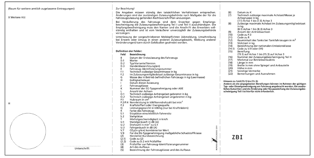 Abb. Vordrucke für die Zulassungsbescheinigung Teil I, Rückseite (BGBl. 2017 I S. 545)