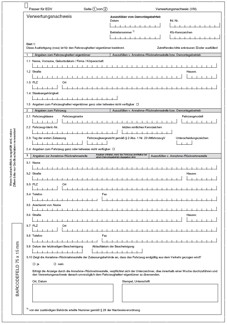 Abb. Muster des Verwertungsnachweises, Seite 1 (BGBl. 2017 I S. 547)