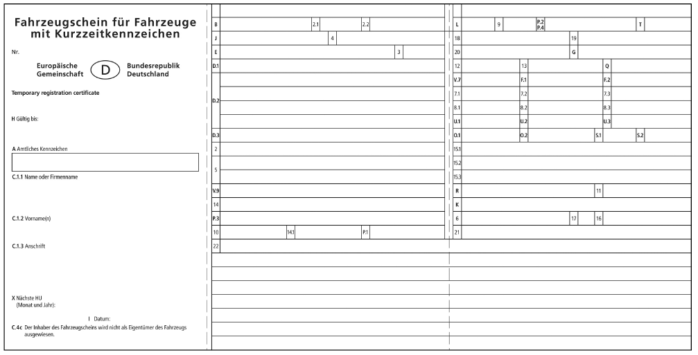 Abb. Muster Fahrzeugscheine für Fahrzeuge mit Kurzzeitkennzeichen, Vorderseite (BGBl. 2017 I S. 551)