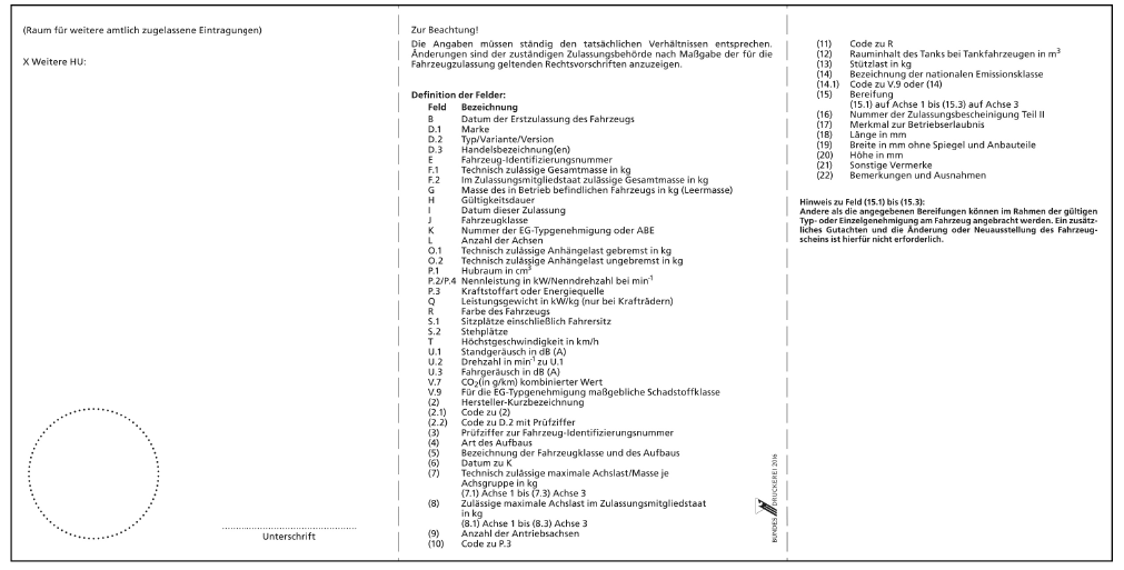 Abb. Muster Fahrzeugscheine für Fahrzeuge mit Kurzzeitkennzeichen, Rückseite (BGBl. 2017 I S. 552)