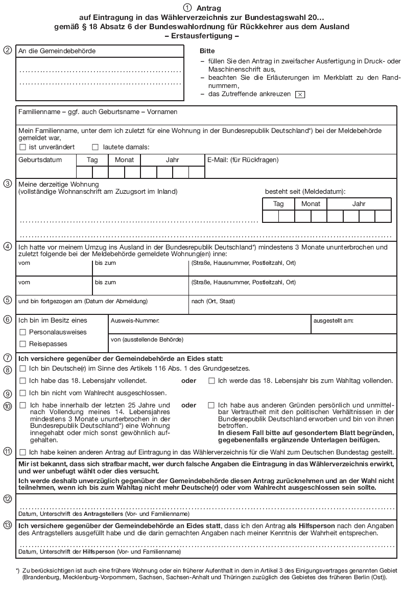 Muster Antrag auf Eintragung in das Wählerverzeichnis für Rückkehrer aus dem Ausland (BGBl. 2017 I S. 588)