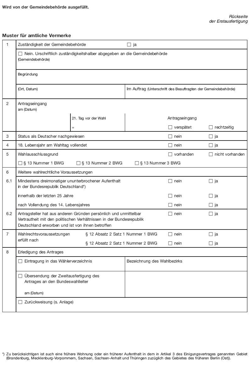 Muster Antrag auf Eintragung in das Wählerverzeichnis für Rückkehrer aus dem Ausland (BGBl. 2017 I S. 589)