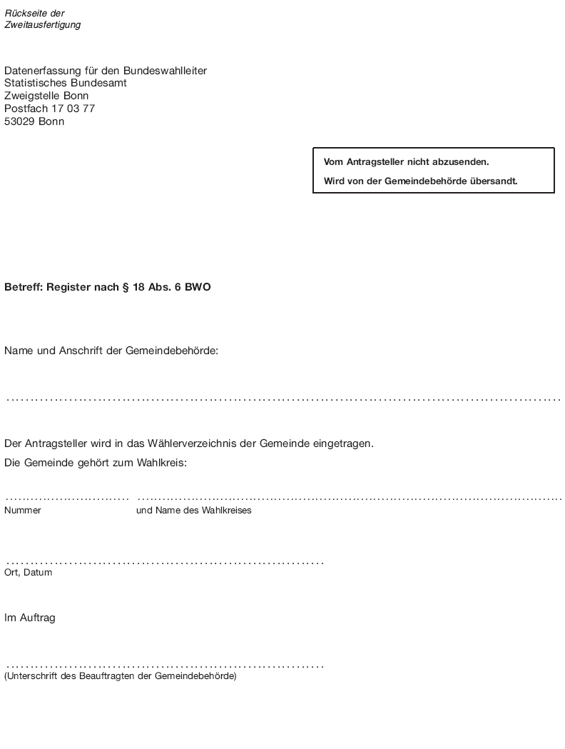 Muster Antrag auf Eintragung in das Wählerverzeichnis für Rückkehrer aus dem Ausland (BGBl. 2017 I S. 590)