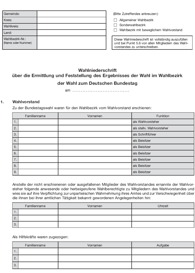 Wahlniederschrift Seite 1 (BGBl. 2017 I S. 597)