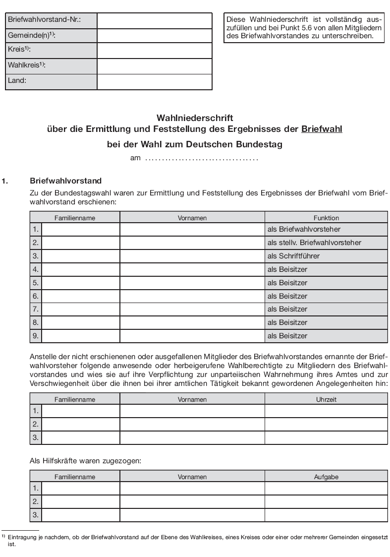 Wahlniederschrift Briefwahl Seite 1 (BGBl. 2017 I S. 610)