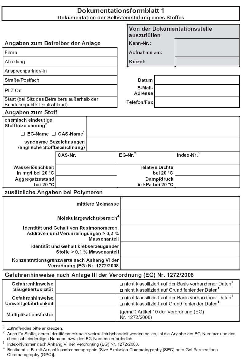 Dokumentationsformblatt 1 Dokumentation der Selbsteinstufung eines Stoffes, Seite 1 (BGBl. 2017 I S. 944)