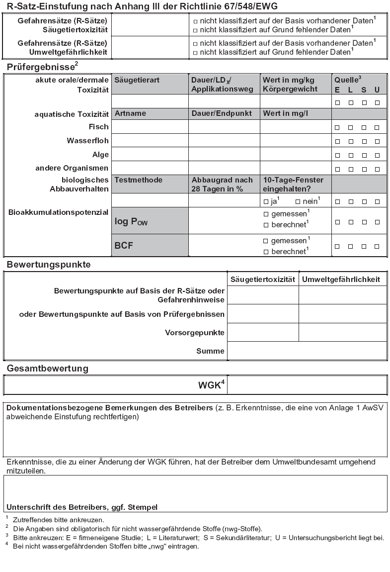 Dokumentationsformblatt 1 Dokumentation der Selbsteinstufung eines Stoffes, Seite 2 (BGBl. 2017 I S. 945)