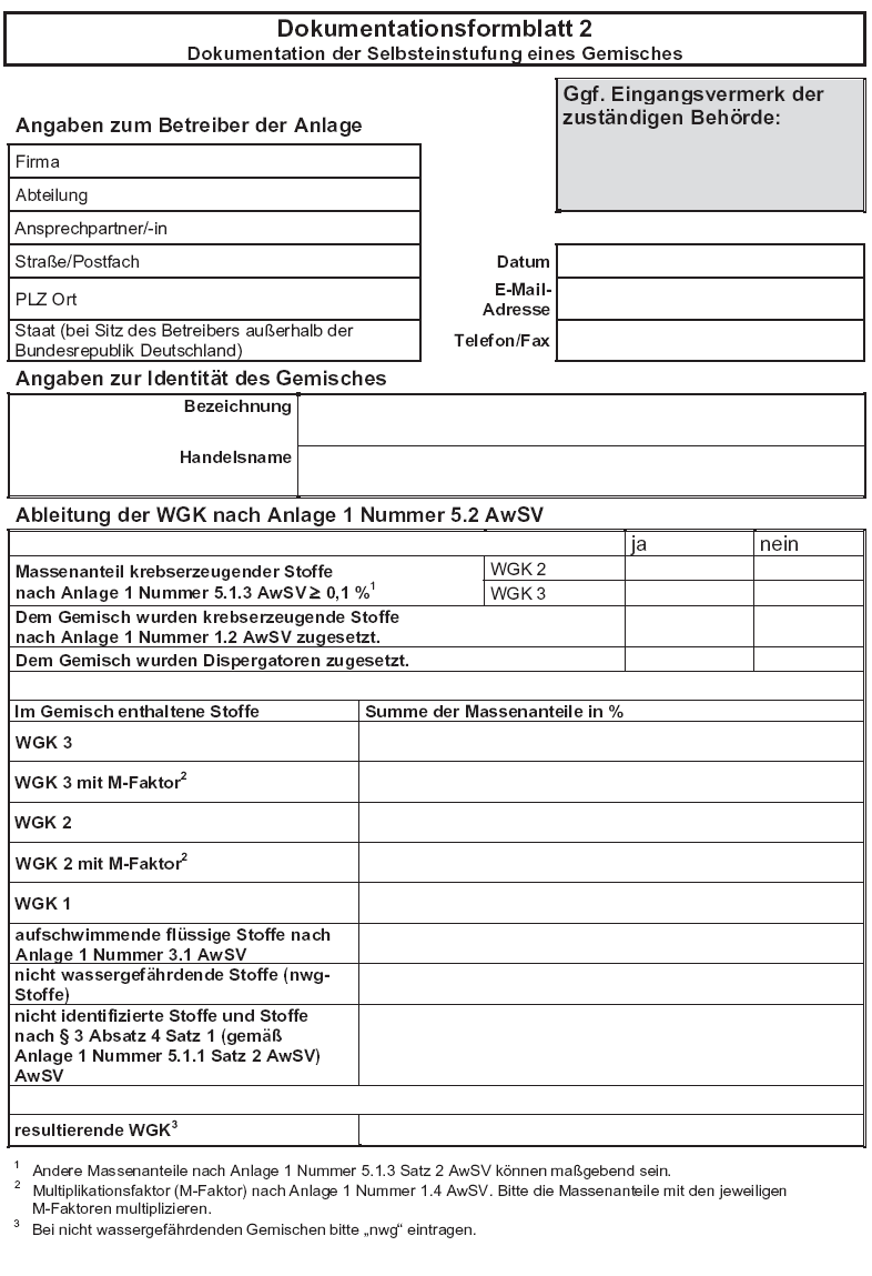 Dokumentationsformblatt 2 Dokumentation der Selbsteinstufung eines Gemisches, Seite 1 (BGBl. 2017 I S. 946)