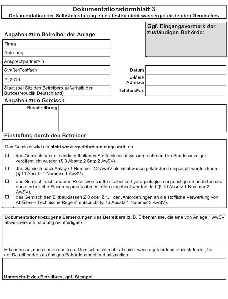 Dokumentationsformblatt 3 Dokumentation der Selbsteinstufung eines festen nicht wassergefährdenden Gemisches (BGBl. 2017 I S. 948)