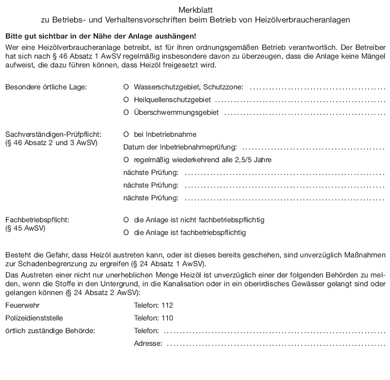 Merkblatt zu Betriebs- und Verhaltensvorschriften beim Betrieb von Heizölverbraucheranlagen (BGBl. 2017 I S. 949)