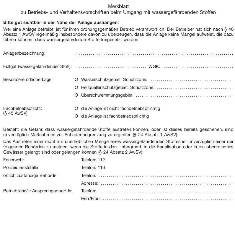 Merkblatt zu Betriebs- und Verhaltensvorschriften beim Umgang mit wassergefährdenden Stoffen (BGBl. 2017 I S. 950)