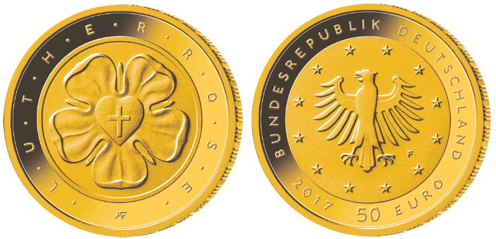 Abb. Bild- und Wertseite Goldmünze "Lutherrose" (BGBl. 2017 I S. 1221)