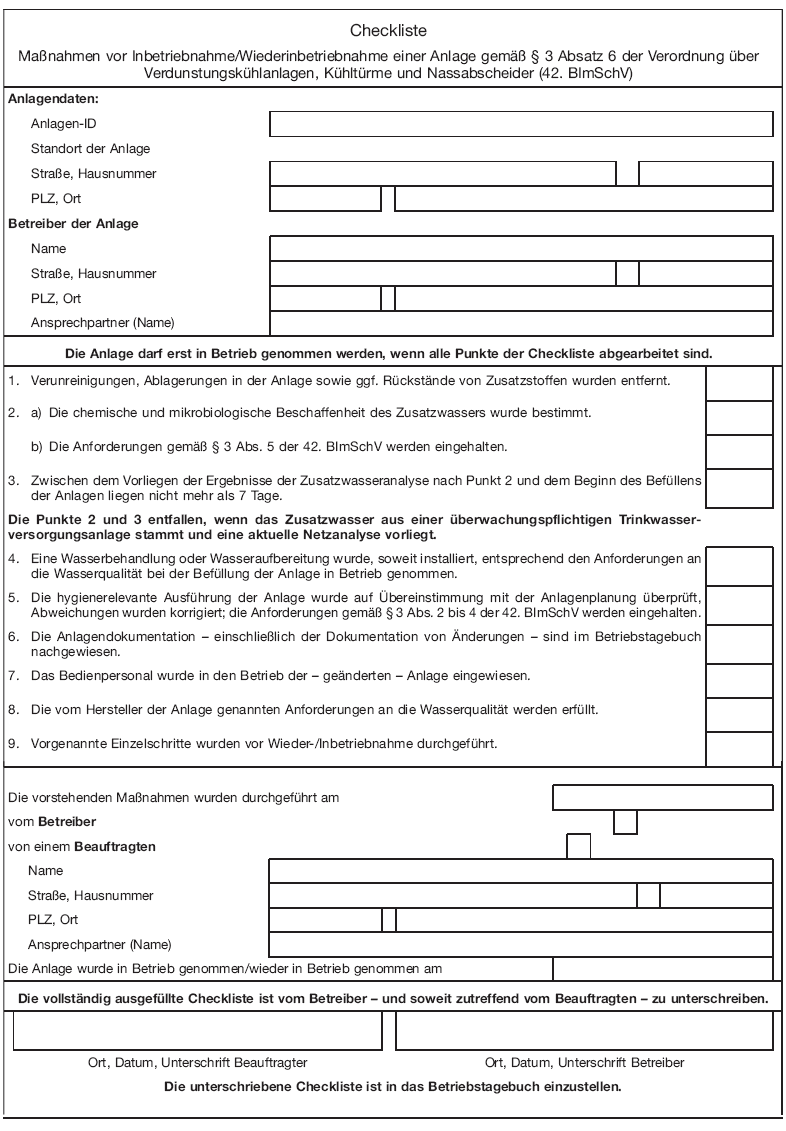 Checkliste Maßnahmen vor Inbetriebnahme/Wiederinbetriebnahme (BGBl. 2017 I S. 2388)