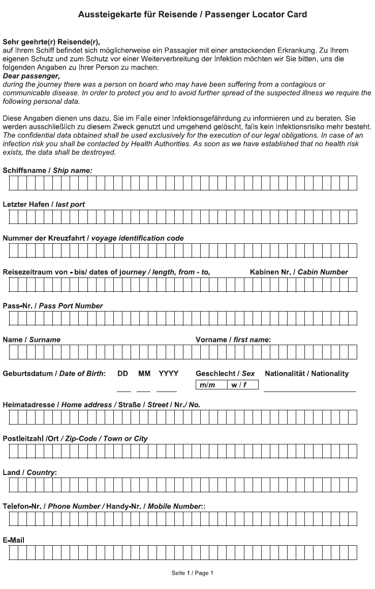 Aussteigekarte für Reisende/Passenger Locator Card, Seite 1 (BGBl. 2017 I S. 2632)