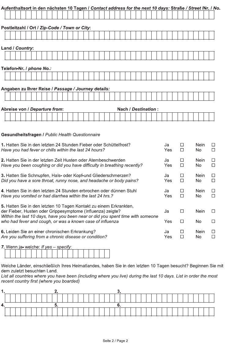 Aussteigekarte für Reisende/Passenger Locator Card, Seite 2 (BGBl. 2017 I S. 2633)